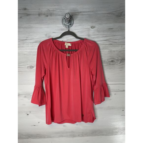 Michael Michael Kors Shirt Womens Medium Pink Bell Sleeve Ruffle Keyhole Gold MK - Picture 1 of 10